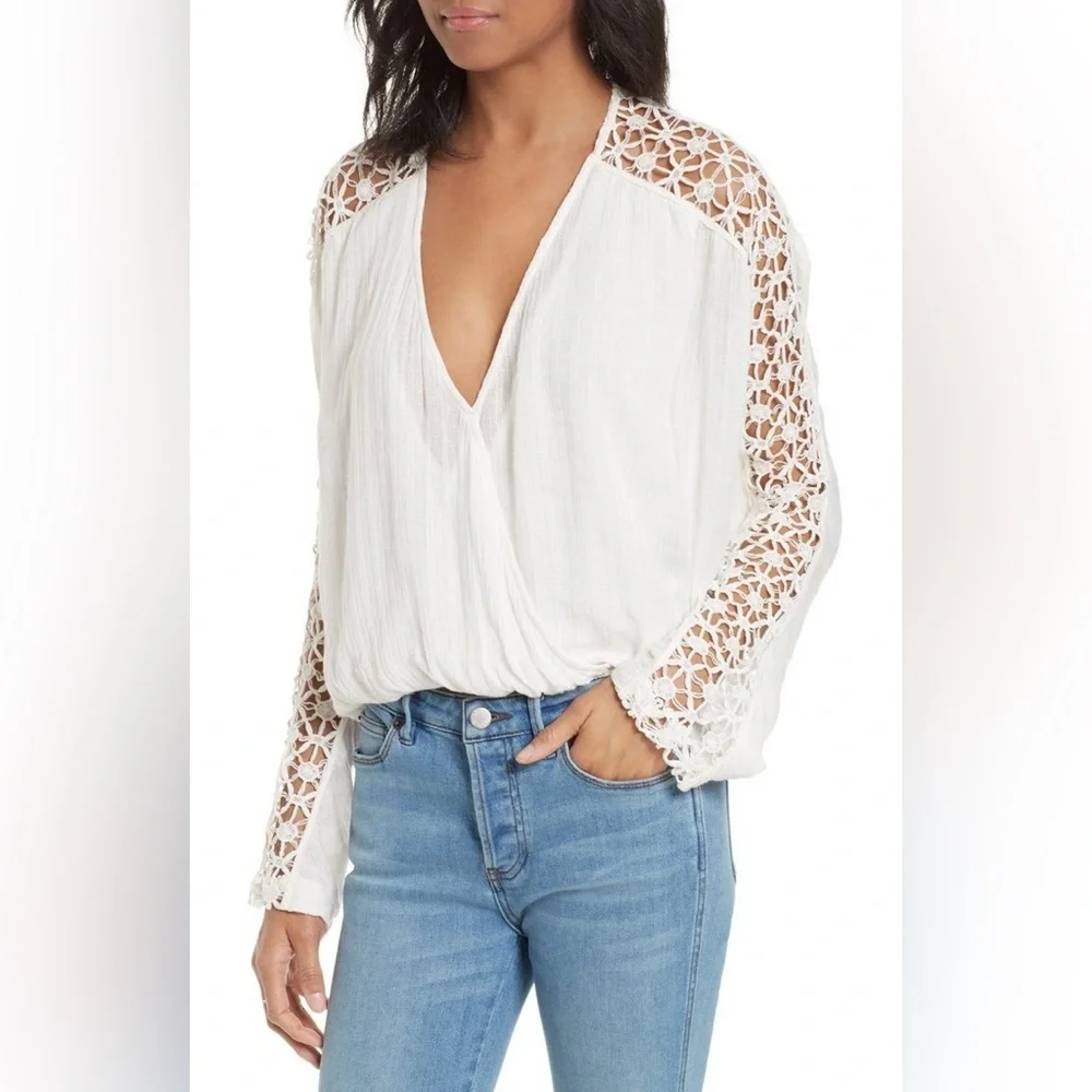 Free People Runaway Crochet Long Sleeve Billowy Gauze Deep V Cottagecore Top L
